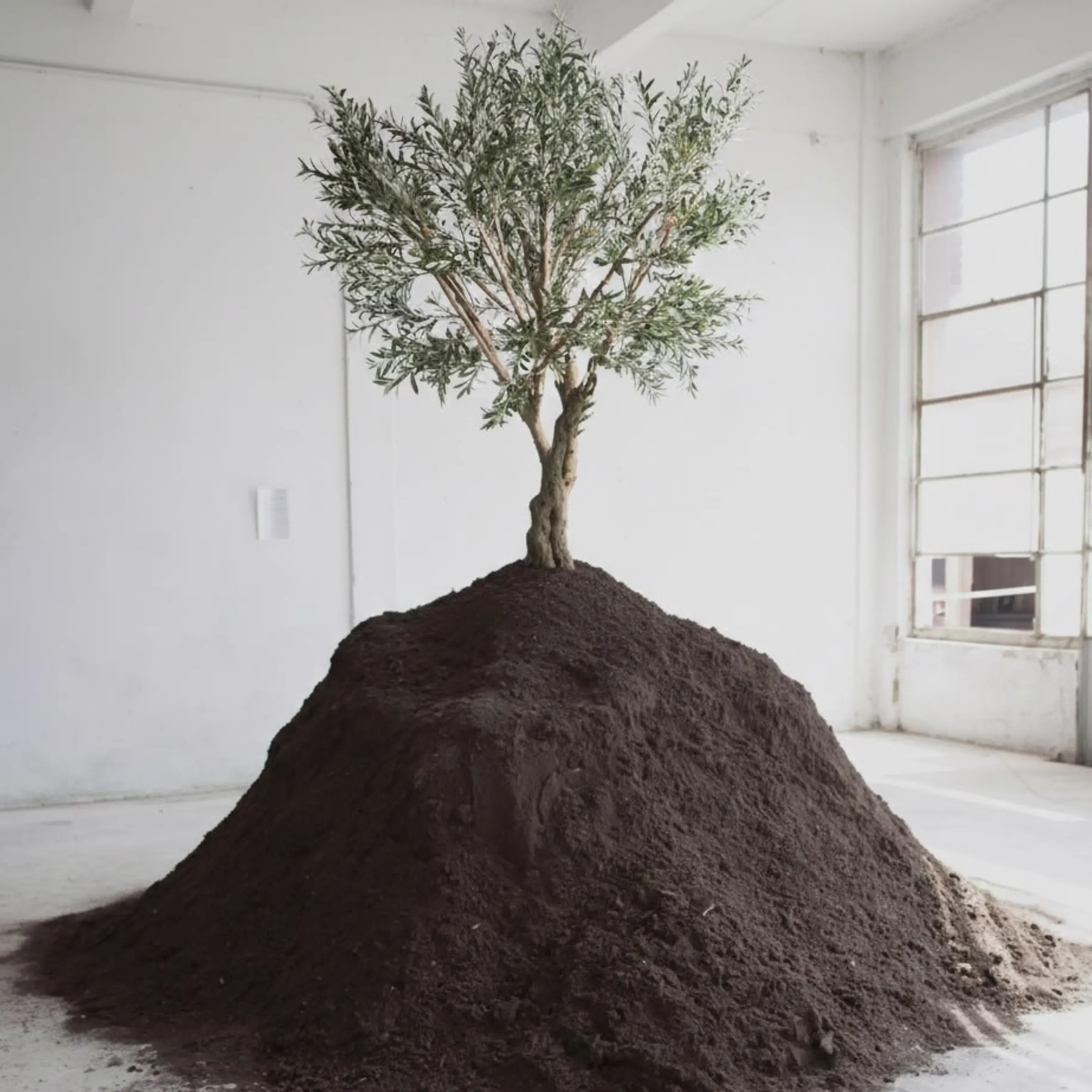 Olive tree planted on a mound of soil in a white room